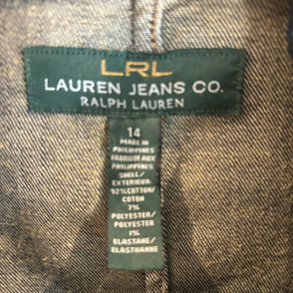 LAUREN RALPH LAUREN Sz 14 Denim Blazer Ruffle Wrist Brown Buttons Mid-Dark Wash - Picture 5 of 9